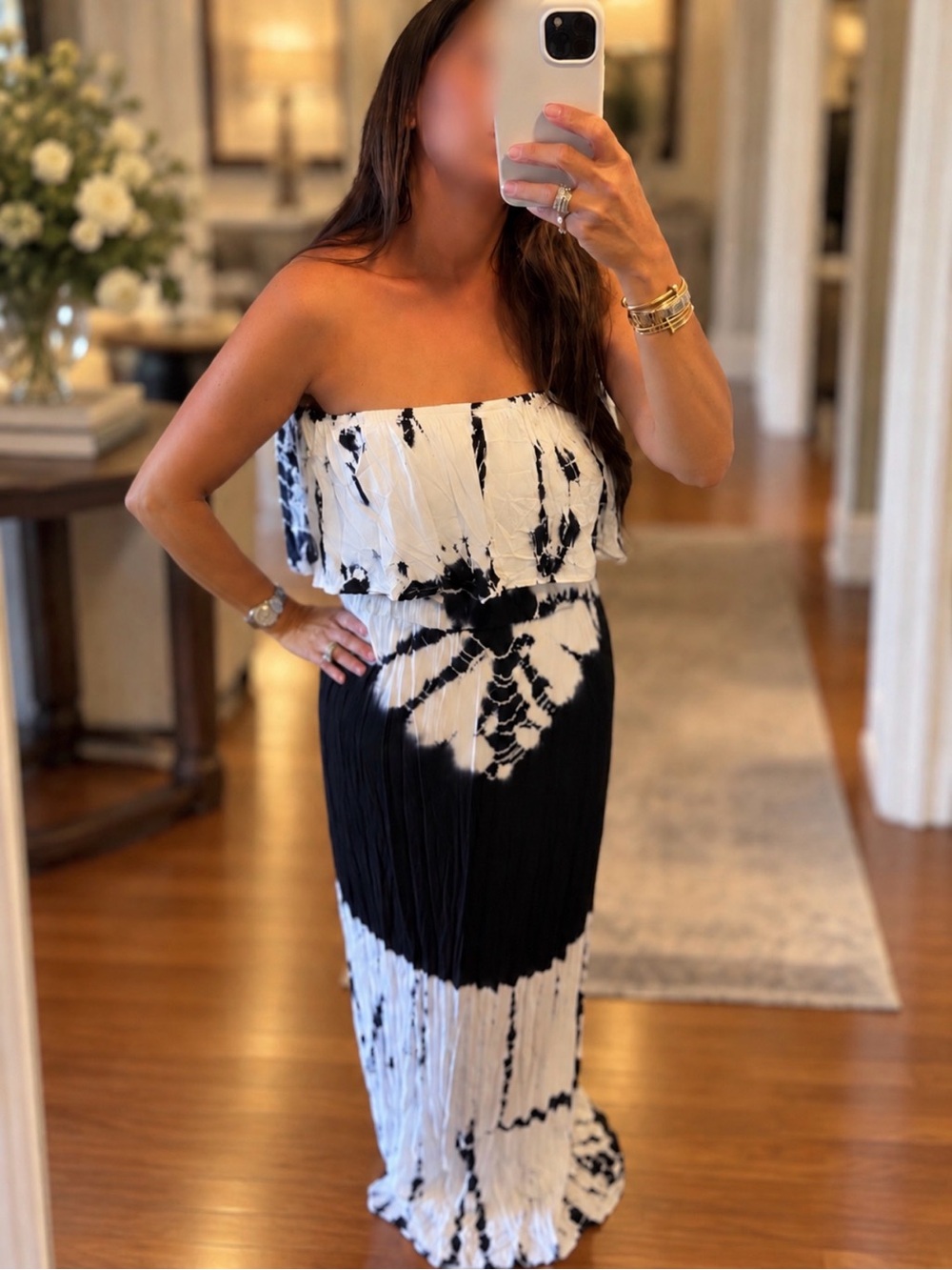 Convertible Strapless or off the shoulder Navy & White Tie-Dye Maxi Dress